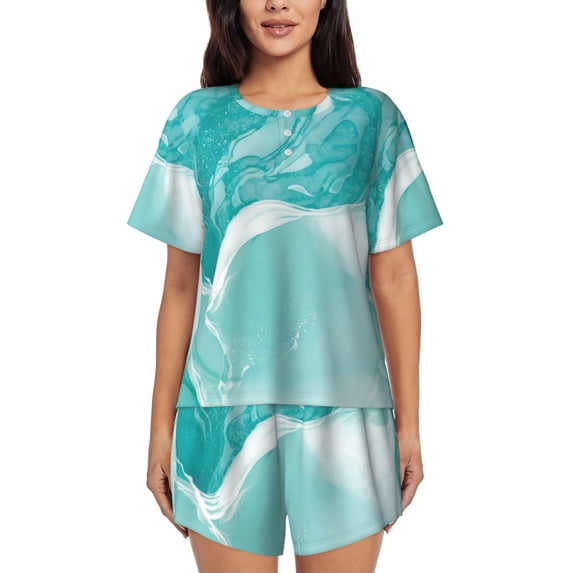 Vsdgher Teal Turquoise 1 Pattern Womens Pajamas 2 Piece Short Sleeve Sleepwear Set,Summer Soft Pajamas Set Casual Lounge Sets, 2-Piece Pj -XX-Large