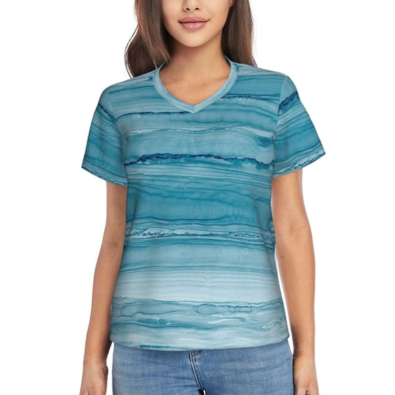 Vsdgher Teal Turquoise Fluid Stripes Women Shirts V Neck Short Sleeve Tops T-Shirt Basic Tees, S to 3XLSmall