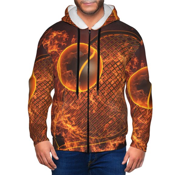 Vsdgher Tennis Racket In Fire Mens Hoodies Zip Hoodie, Hoodies for Men, Zip-up Hooded Sweatshirt-