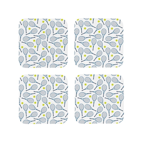 Vsdgher Tennis Rackets And Balls Leather Coasters for Drinks, Durable Drink Coasters 4 Set for Tabletop Protection, Luxurious Home Décor and Housewarming Gift-Square