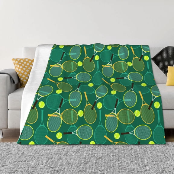 Vsdgher Tennis Rackets and Balls Pattern Fleece Throw Blanket, Horizontal Fleece Bedding Home Decor for Couch & Bed All Season Use -50"x40"