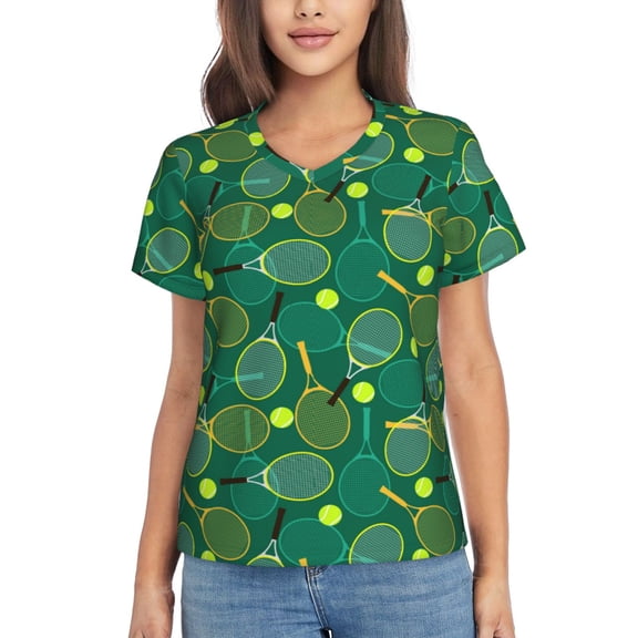 Vsdgher Tennis Rackets and Balls Women Shirts V Neck Short Sleeve Tops T-Shirt Basic Tees, S to 3XLSmall