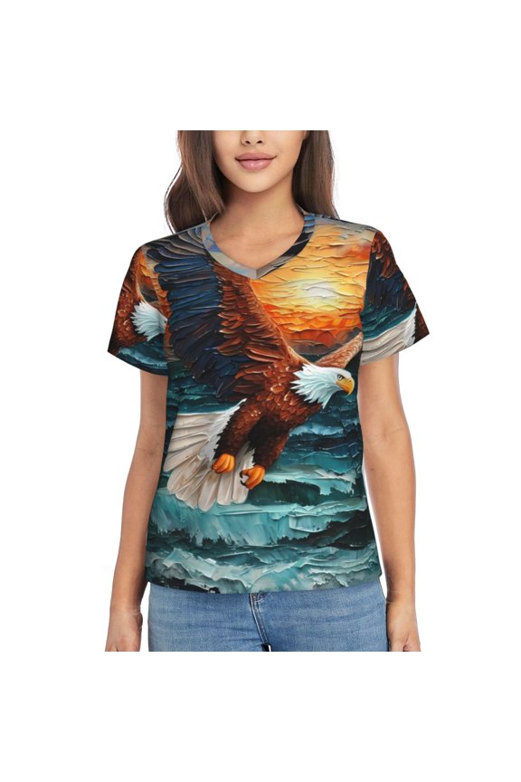 Textured Bald Eagle Women Shirts V Neck Short Sleeve Tops T-Shirt Basic Tees, S to 3XLSmall