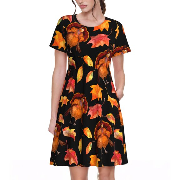 Vsdgher Thanksgiving Turkey 1 for Womens Summer 2025 Casual Midi Maxi Dresses Lightweight Short Sleeve Round Neck Beach Dress -3X-Large