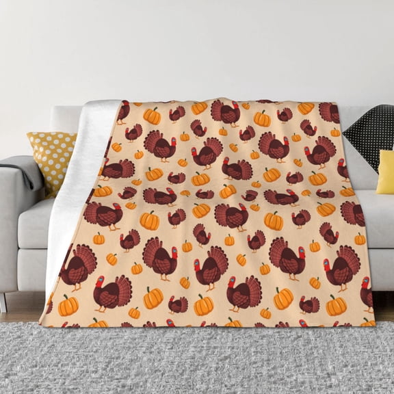 Vsdgher Thanksgiving Turkey and Pumpkin Pattern Fleece Throw Blanket, Horizontal Fleece Bedding Home Decor for Couch & Bed All Season Use -60"x50"