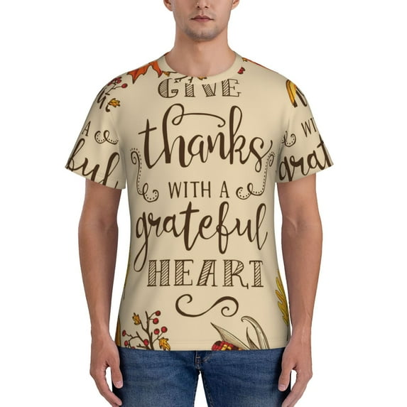 Vsdgher Thanksgiving With A Grateful Heart Print Men's Dry Fit Mesh Athletic Shirts Moisture Wicking Tennis T-Shirt Tops