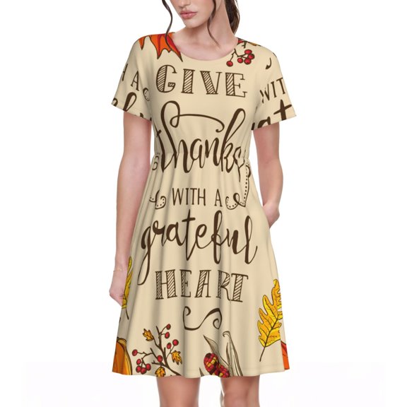 Vsdgher Thanksgiving With A Grateful Heart for Womens Summer 2025 Casual Midi Maxi Dresses Lightweight Short Sleeve Round Neck Beach Dress -X-Large