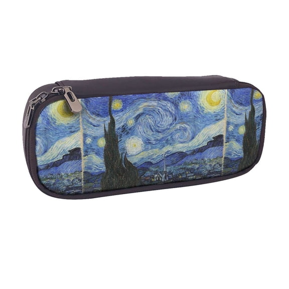 Vsdgher The Starry Night Print Pen Case Leather Pencil Pouch Markers Holder Big Capacity Bag with Zippered Pocket for Stationery Tool