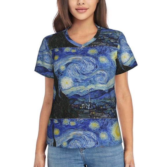 Vsdgher The Starry Night Women Shirts V Neck Short Sleeve Tops T-Shirt Basic Tees, S to 3XLXX-Large