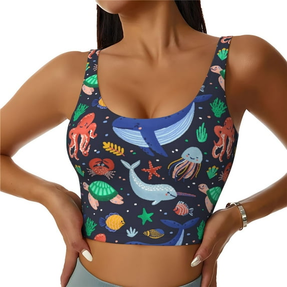 Vsdgher The Underwater World Print Women Sleeveless Athletic Tank Top Built-in Bra Camisole Sports Vest for Yoga Running Fitness Exercise with Removable Pads