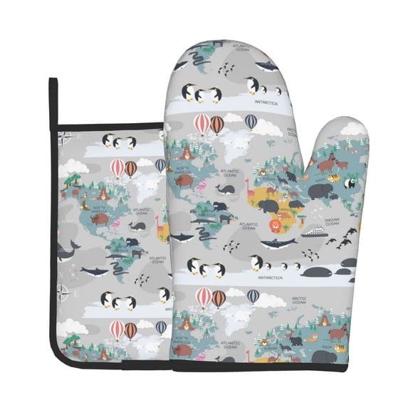 Vsdgher The World Map with Cartoon Animals Oven Mitts and Pot Holders 2 pcs Set,High Heat Resistant Kitchen Oven Glove for Baking and Cooking