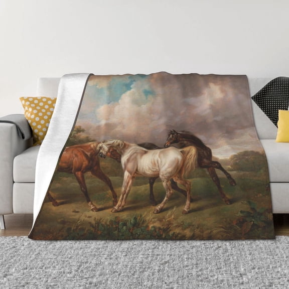 Vsdgher Three Horses Oil Painting Pattern Fleece Throw Blanket, Horizontal Fleece Bedding Home Decor for Couch & Bed All Season Use -50"x40"