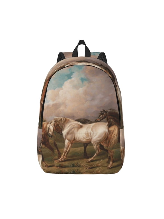 Three Horses Oil Painting Print Canvas Backpack Travel Rucksack Unisex Knapsack 15.7/17.7Inch Laptop Backpack for Work,College -Small