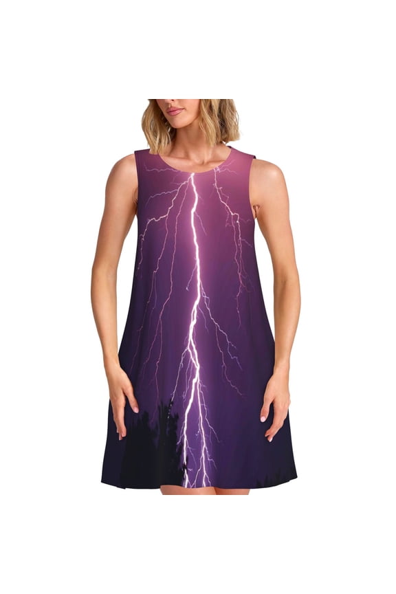 Thunderstorm Violet Purple Print Summer Dresses for Women Casual U Neck Beach Dress Sleeveless Tank Loose Sundress with Pocket -Small