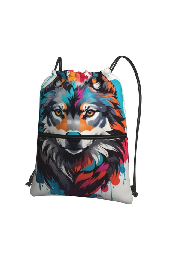 Tie-Dye Wolf Head Drawstring Backpack Water Resistant String Bag Sports Sackpack Gym Sack for Men Women