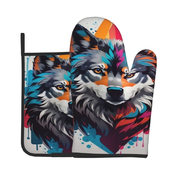 Vsdgher Tie-Dye Wolf Head Oven Mitts and Pot Holders 2 pcs Set,High Heat Resistant Kitchen Oven Glove for Baking and Cooking