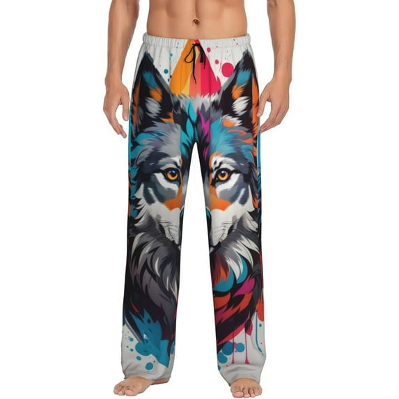 Vsdgher Tie-Dye Wolf Head Print Mens Pajama Pants Sleep & Lounge Pants, PJ Bottoms With elastic waistb and Pockets