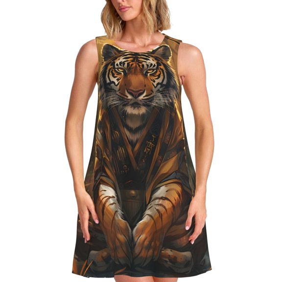 Vsdgher Tiger In The Fallen Leaf Forest Print Summer Dresses for Women Casual U Neck Beach Dress Sleeveless Tank Loose Sundress with Pocket -3X-Large