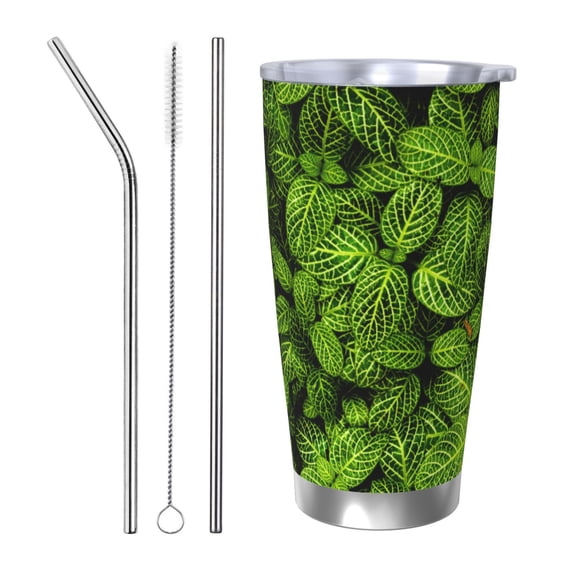 Vsdgher Tiny Green Fern Leaves 20 Oz Stainless Steel Vacuum Insulated, Travel Mug Coffee Cup for Home, Office, Outdoor Works Great for Ice Drinks and Hot Beverage -Straw Three-piece Set