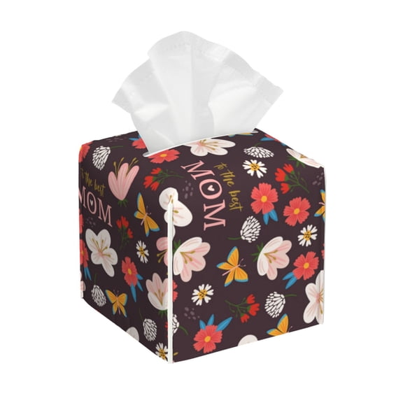 Vsdgher To The Best Mom Pattern Tissue Box Cover Holder, Square with Bottom Belt by Leather Decorative Organizer for Tabletop, Bathroom, Car, Office