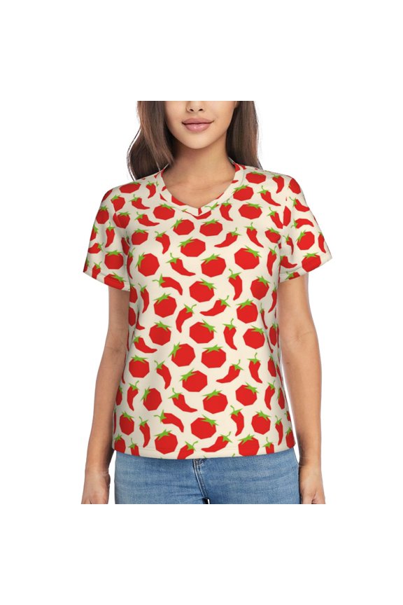 Tomatoes And Chili Women Shirts V Neck Short Sleeve Tops T-Shirt Basic Tees, S to 3XLMedium