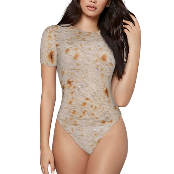 Vsdgher Tortilla Prinr Short Sleeve Body suit for Womens, Sexy Onesie One Piece Round Neck Bodysuit Shapewear Tummy Control-Medium