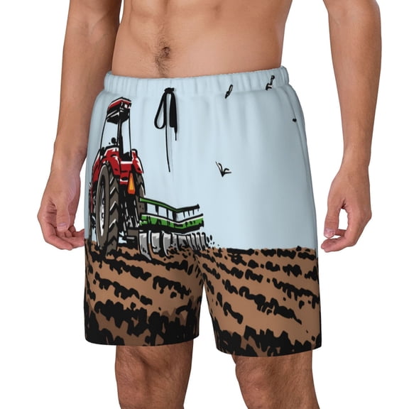 Vsdgher Tractor plowing a field for Mens Swim Trunks with Compression Liner Swim Shorts Swim Suits Board Shorts-Large