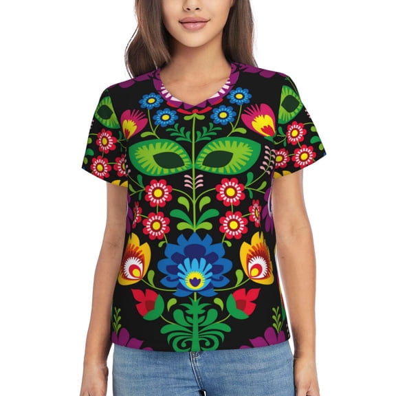 Vsdgher Traditional Floral Polish Women Shirts V Neck Short Sleeve Tops T-Shirt Basic Tees, S to 3XLSmall