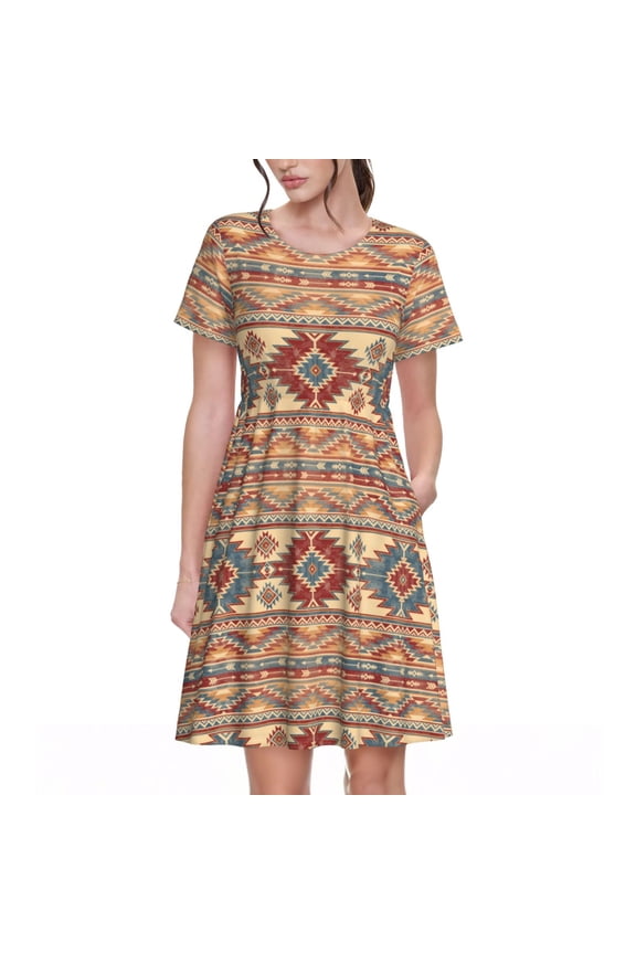 Traditional Tribal Aztec for Womens Summer 2025 Casual Midi Maxi Dresses Lightweight Short Sleeve Round Neck Beach Dress -Large