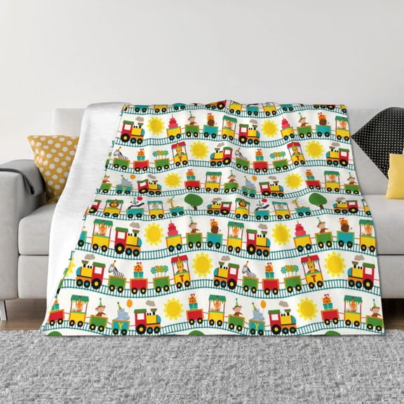 Vsdgher Train With Animals Pattern Fleece Throw Blanket, Horizontal Fleece Bedding Home Decor for Couch & Bed All Season Use -80"x60"