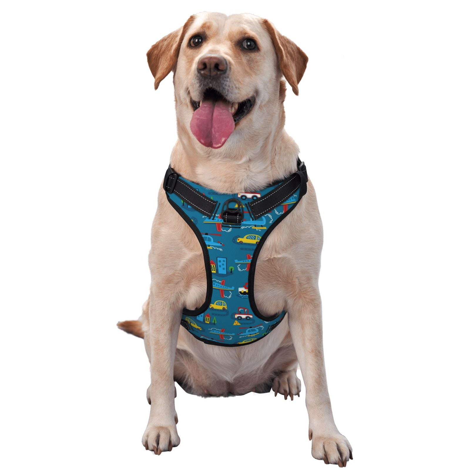 Vsdgher Transportations with Buildings Pattern Dog Harness,No Pull Pet Harness with Soft Padded Handle,Adjustable Reflective Vest with 2 Buckles,4 Slide Buckles,S-XL Medium