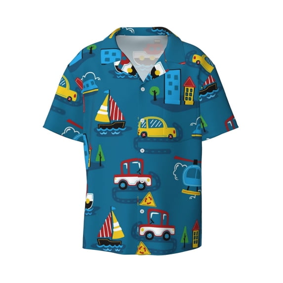 Vsdgher Transportations with Buildings Print Men's Wrinkle Free Untucked Cuban Shirt Business Casual Button Down Shirts Short Sleeve Shirt