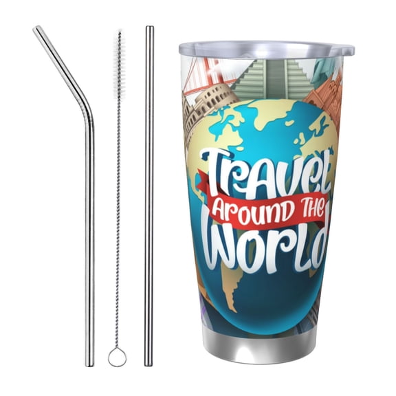 Vsdgher Travel Around The World 20 Oz Stainless Steel Vacuum Insulated, Travel Mug Coffee Cup for Home, Office, Outdoor Works Great for Ice Drinks and Hot Beverage -Straw Three-piece Set