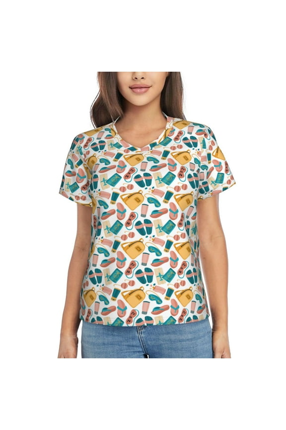 Travel Elements Women Shirts V Neck Short Sleeve Tops T-Shirt Basic Tees, S to 3XLLarge