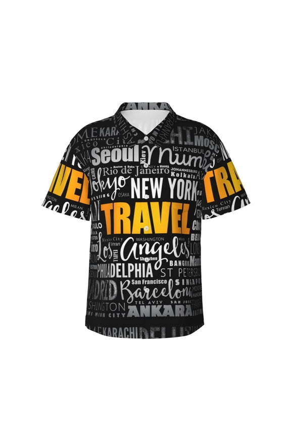 Travel Print Men's Hawaiian Shirts Button Down Tropical Holiday Beach Shirts Vacation Clothes,X-Large