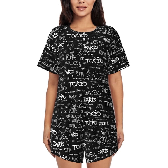Vsdgher Travel The World Pattern Womens Pajamas 2 Piece Short Sleeve Sleepwear Set,Summer Soft Pajamas Set Casual Lounge Sets, 2-Piece Pj -Medium