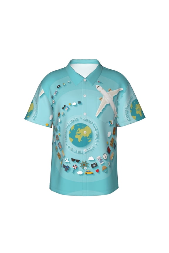 Travelling on Airplane Print Men's Hawaiian Shirts Button Down Tropical Holiday Beach Shirts Vacation Clothes,XX-Large