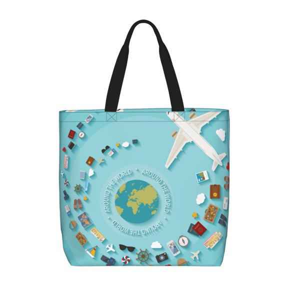 Vsdgher Travelling on Airplane print Tote Bag for Women Shoulder Bag with Zipper Large Shoulder Bag Handle Handbag Portable Washable for Travel, Work