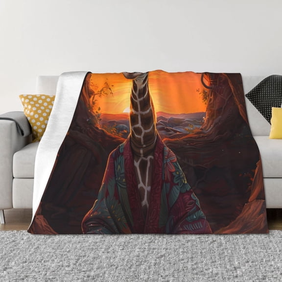 Vsdgher Tree Hollow Meditating Giraffe Pattern Fleece Throw Blanket, Horizontal Fleece Bedding Home Decor for Couch & Bed All Season Use -80"x60"