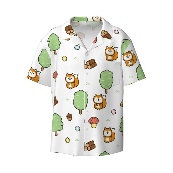 Vsdgher Tree Squirrel Print Men's Wrinkle Free Untucked Cuban Shirt Business Casual Button Down Shirts Short Sleeve Shirt
