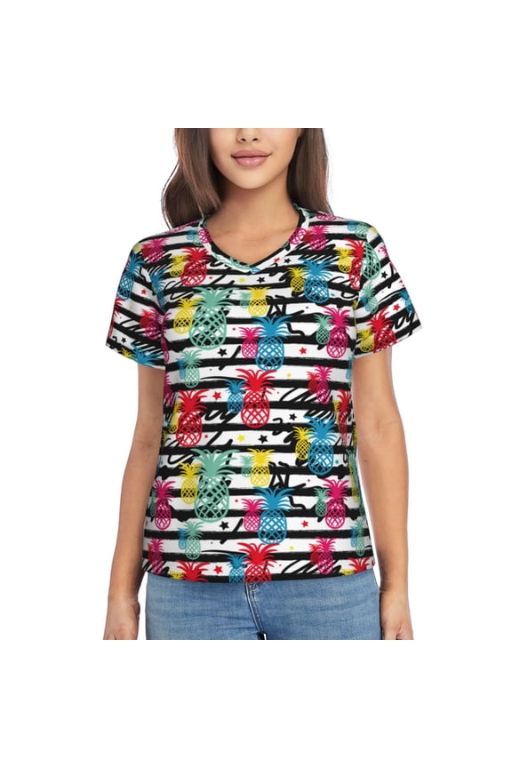 Trendy Colorful Pineapples 1 Women Shirts V Neck Short Sleeve Tops T-Shirt Basic Tees, S to 3XLX-Large