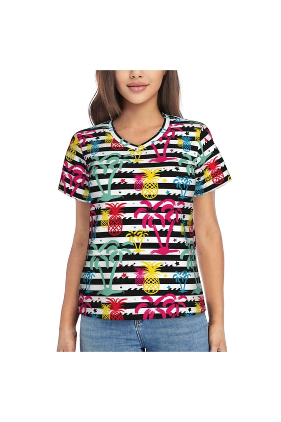 Trendy Colorful Pineapples Women Shirts V Neck Short Sleeve Tops T-Shirt Basic Tees, S to 3XLMedium