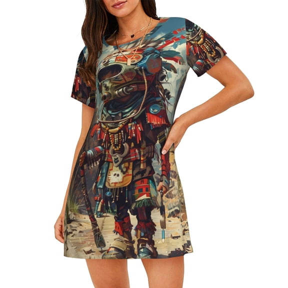 Vsdgher Tribal Futuristic Warrior Pattern Womens Short Sleeve Sleepshirt Scoopneck Cute Nightdress Ruffle Comfy Nightgown