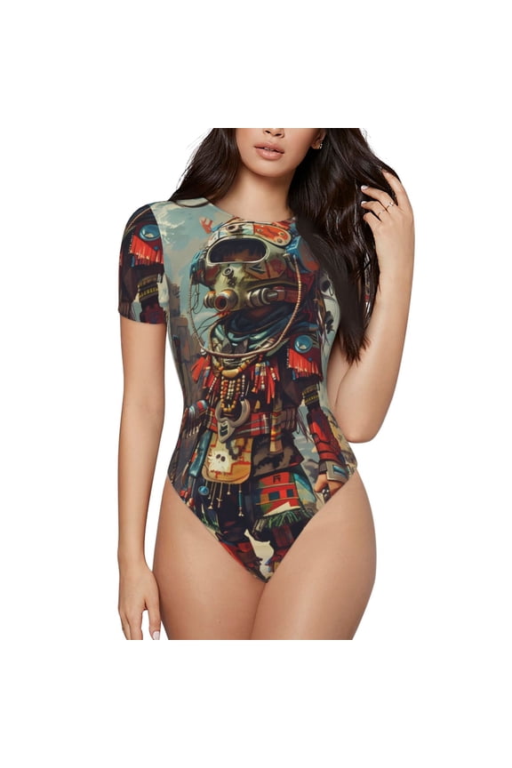 Tribal Futuristic Warrior Prinr Short Sleeve Body suit for Womens, Sexy Onesie One Piece Round Neck Bodysuit Shapewear Tummy Control-Large