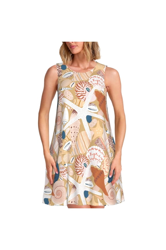 Tropical Beach Sea Shell Print Summer Dresses for Women Casual U Neck Beach Dress Sleeveless Tank Loose Sundress with Pocket -XX-Large