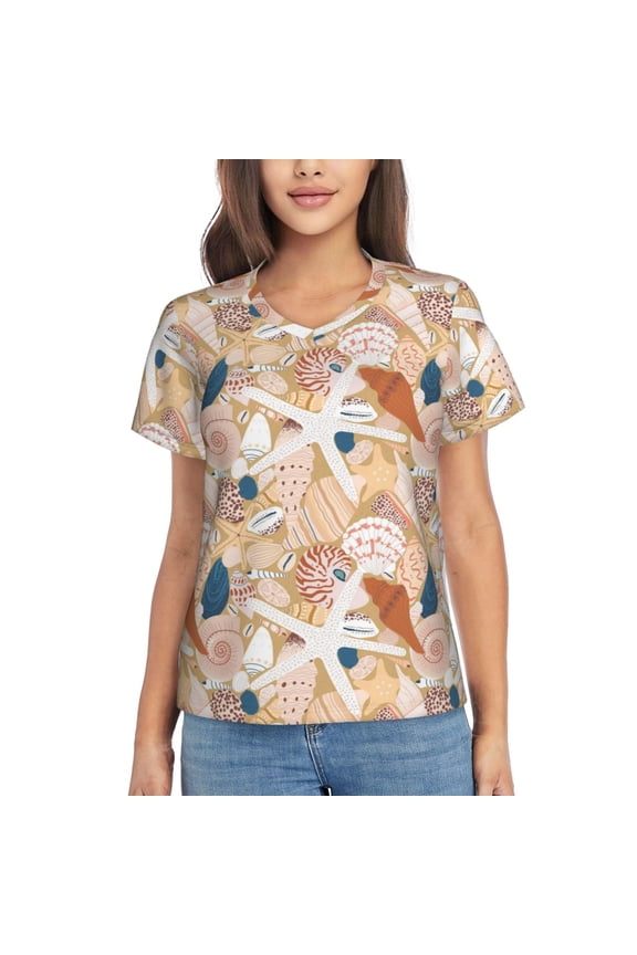 Tropical Beach Sea Shell Women Shirts V Neck Short Sleeve Tops T-Shirt Basic Tees, S to 3XLLarge