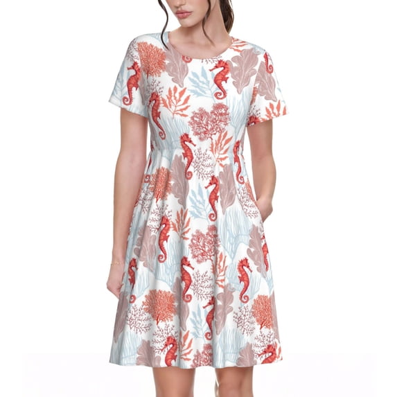 Vsdgher Tropical Corals Seahorse for Womens Summer 2025 Casual Midi Maxi Dresses Lightweight Short Sleeve Round Neck Beach Dress -Large
