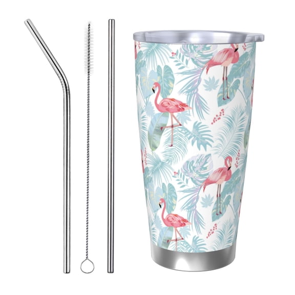 Vsdgher Tropical Flamingo 20 Oz Stainless Steel Vacuum Insulated, Travel Mug Coffee Cup for Home, Office, Outdoor Works Great for Ice Drinks and Hot Beverage -Straw Three-piece Set