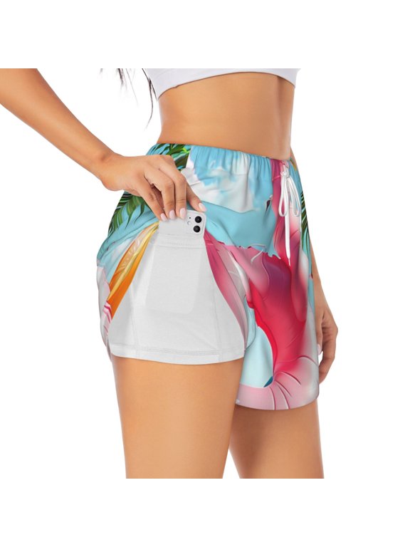 Tropical Flamingo Pool Float Athletic Shorts for Women, Women's Running Double Layer Shorts, High Waisted Yoga Shorts, Workout Athletic Shorts-X-Large