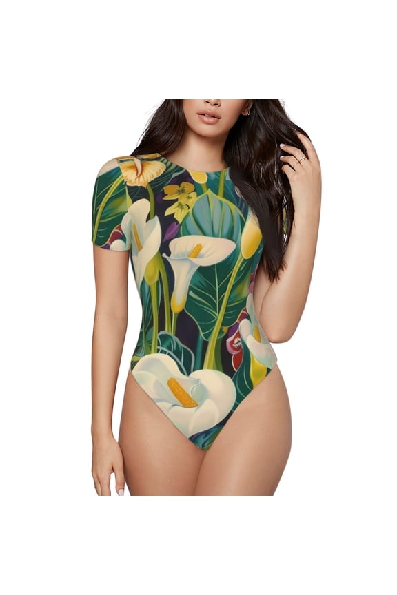 Tropical Floral Jungle Prinr Short Sleeve Body suit for Womens, Sexy Onesie One Piece Round Neck Bodysuit Shapewear Tummy Control-Medium